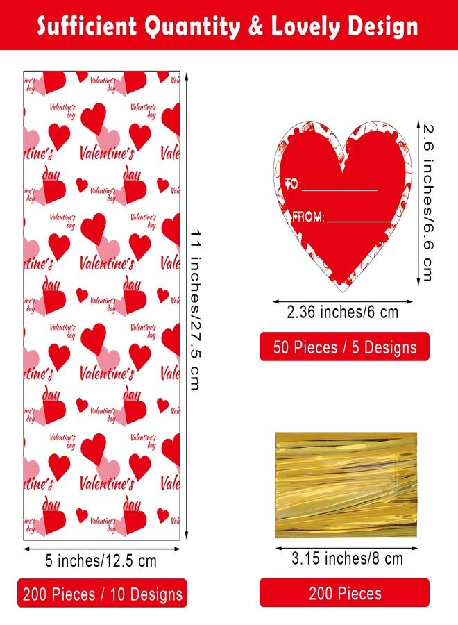 Aodaer 200 Pieces Valentine Cellophane Bags Plastic Valentines Party Treat Bags Clear Candy Gift Bags with 200 Twist Ties 50 Gift Tags, Assorted Style for Valentines Party Favors, 5 x 11 Inch - Image 2